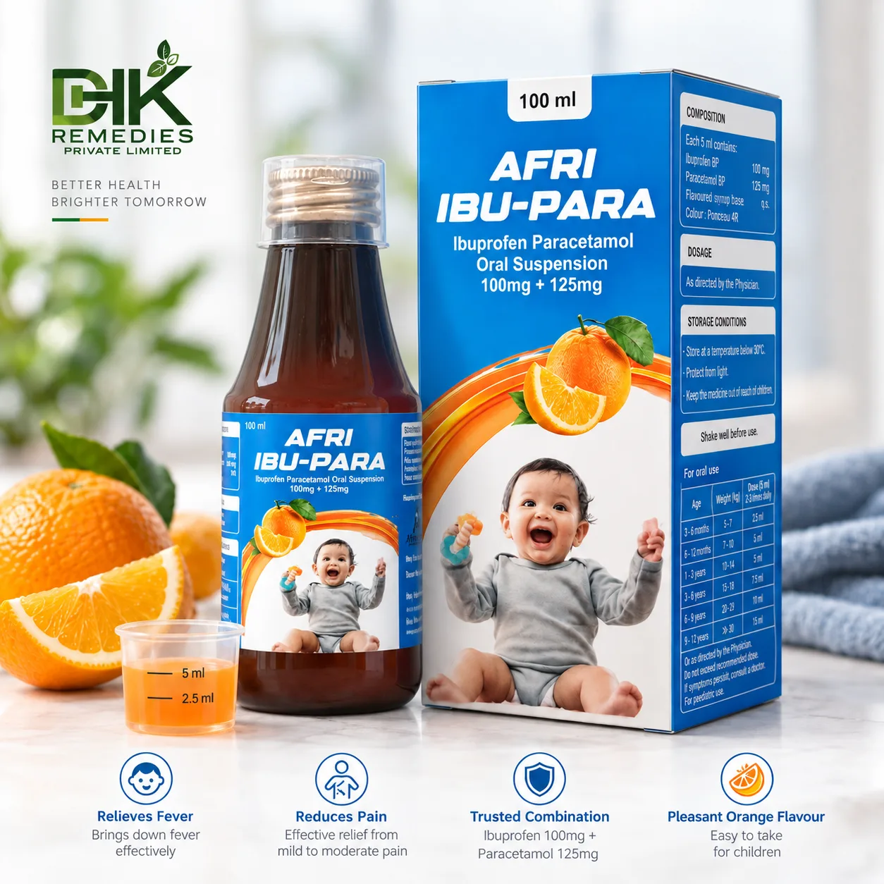 AFRI IBU-PARA Ibuprofen and Paracetamol oral suspension 100 ml bottle, carton and measuring cup by DHK Remedies