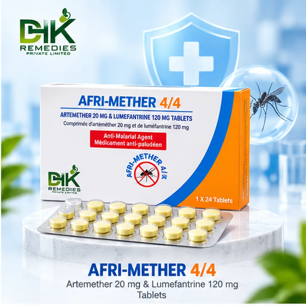 AFRI-METHER 4/4 Artemether 20 mg and Lumefantrine 120 mg tablets carton with 24-tablet blister by DHK Remedies