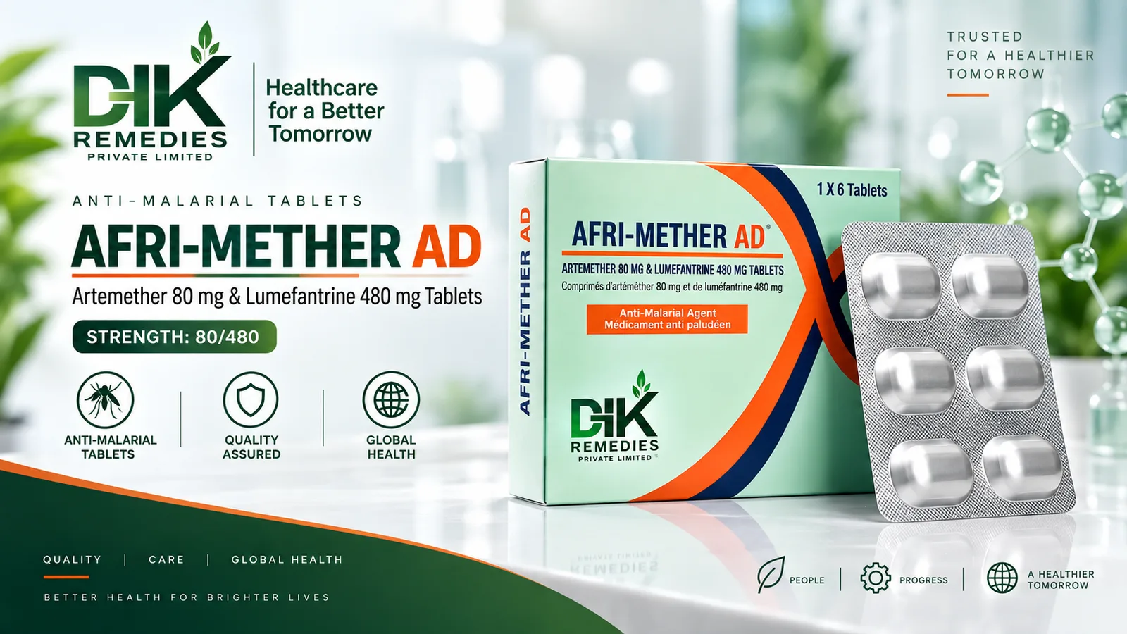 AFRI-METHER AD Artemether 80 mg and Lumefantrine 480 mg tablets carton with 6-tablet Alu-Alu blister by DHK Remedies