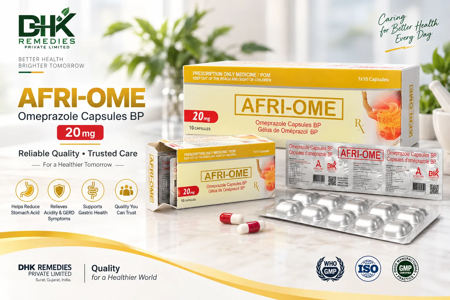 AFRI-OME 20 Omeprazole Capsules BP 20 mg carton and Alu-Alu blister pack by DHK Remedies