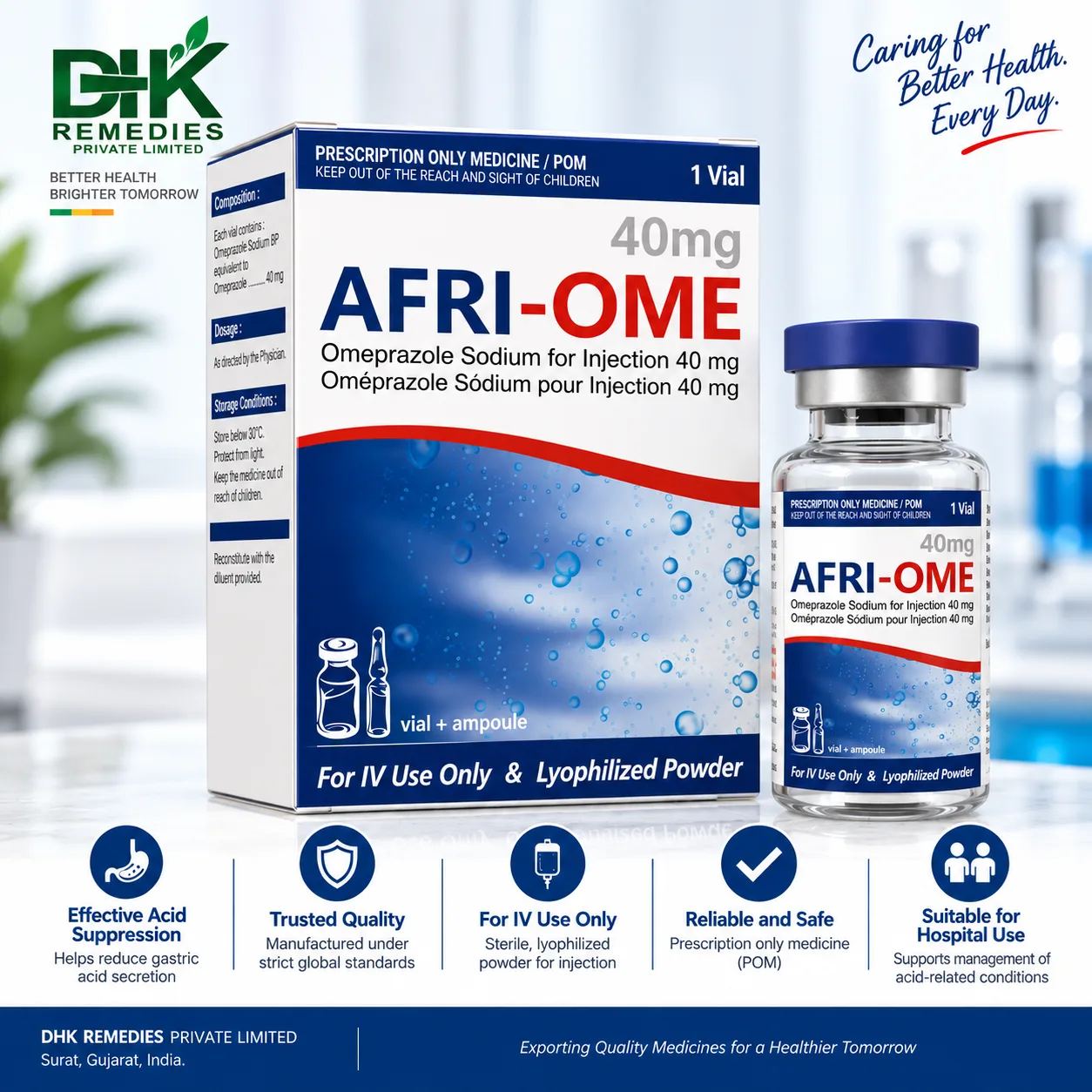 AFRI-OME 40 Omeprazole Sodium for Injection 40 mg carton and vial by DHK Remedies