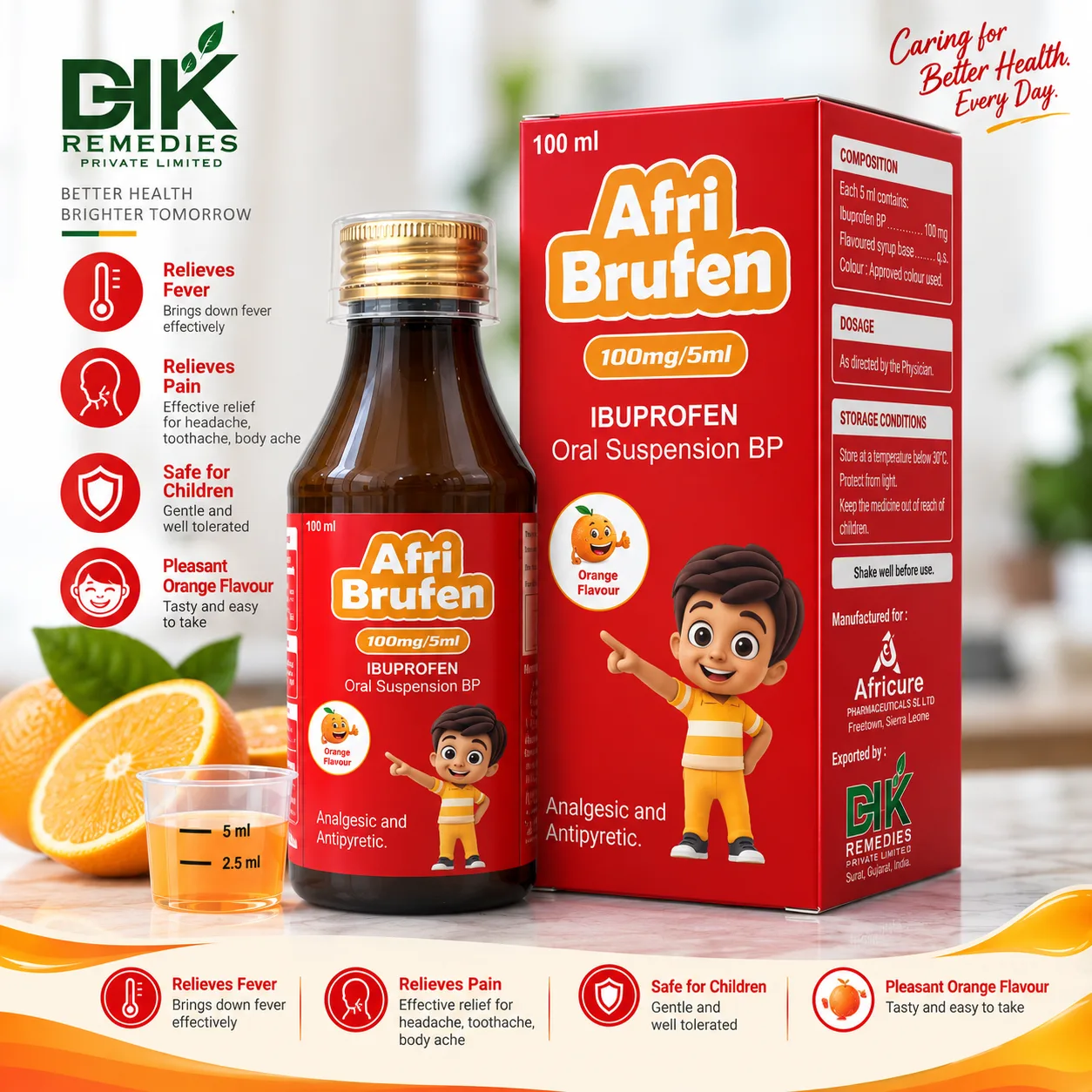 AFRIBRUFEN Ibuprofen Oral Suspension 100 mg/5 ml 100 ml bottle and carton by DHK Remedies