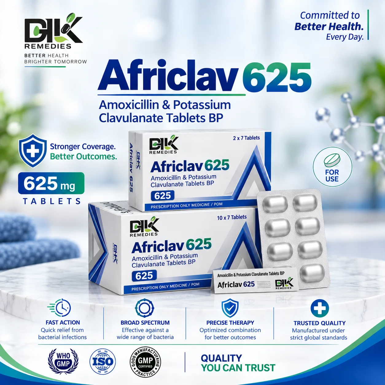 AFRICLAV 625 Amoxicillin and Potassium Clavulanate Tablets BP cartons and Alu-Alu blister by DHK Remedies