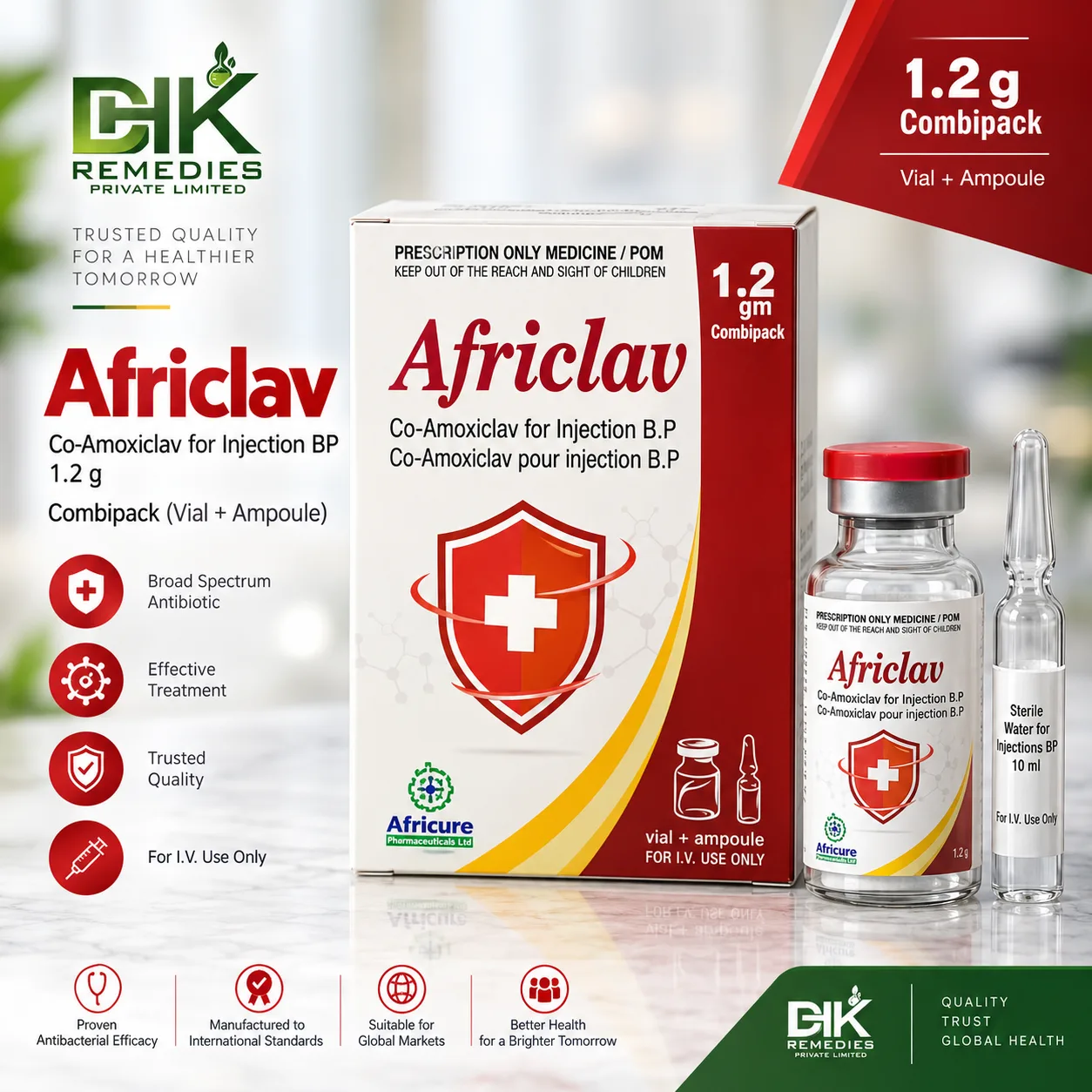 AFRICLAV Co-Amoxiclav for Injection 1.2 g combipack with vial and water for injections ampoule by DHK Remedies