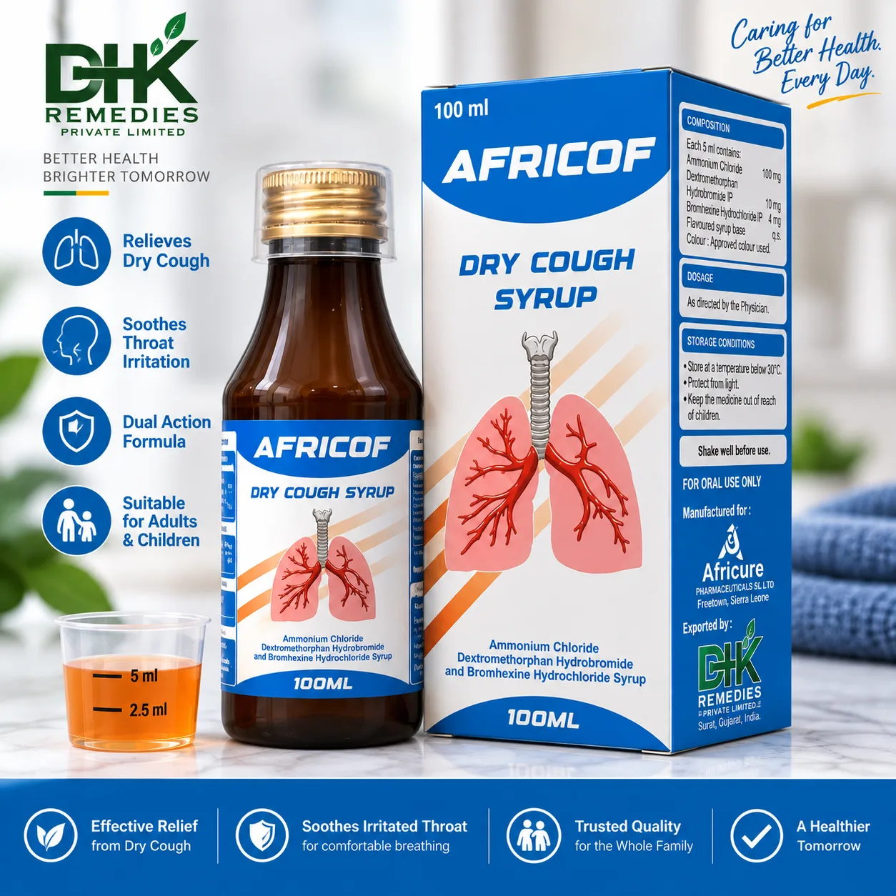AFRICOF dry cough syrup 100 ml bottle and carton by DHK Remedies