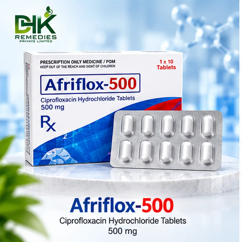 AFRIFLOX-500 Ciprofloxacin Hydrochloride Tablets 500 mg carton and blister by DHK Remedies
