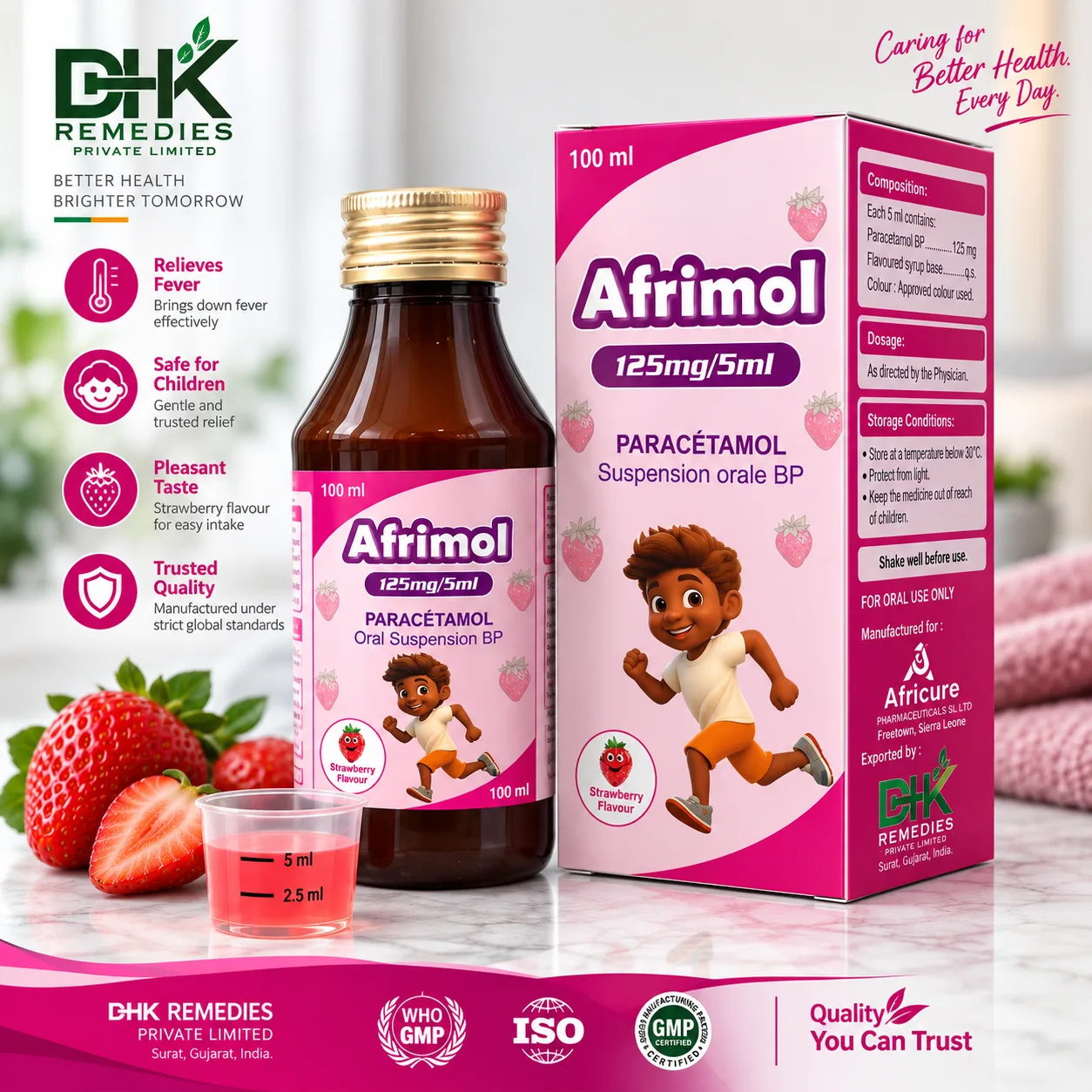 AFRIMOL Paracetamol Oral Suspension 125 mg/5 ml 100 ml bottle and carton by DHK Remedies