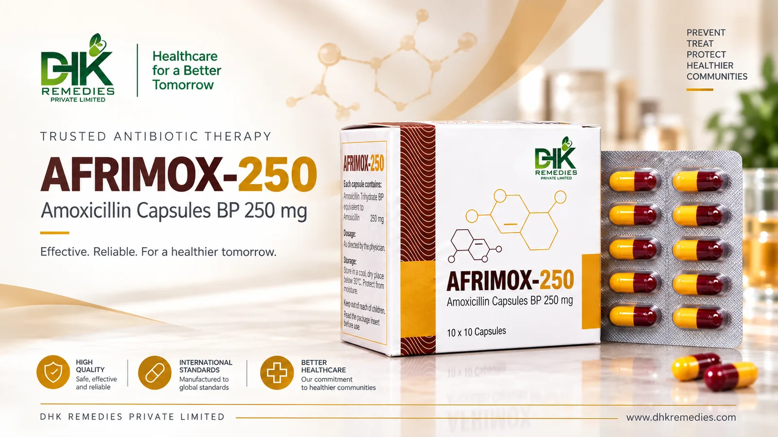 AFRIMOX-250 Amoxicillin Capsules BP 250 mg carton and blister by DHK Remedies