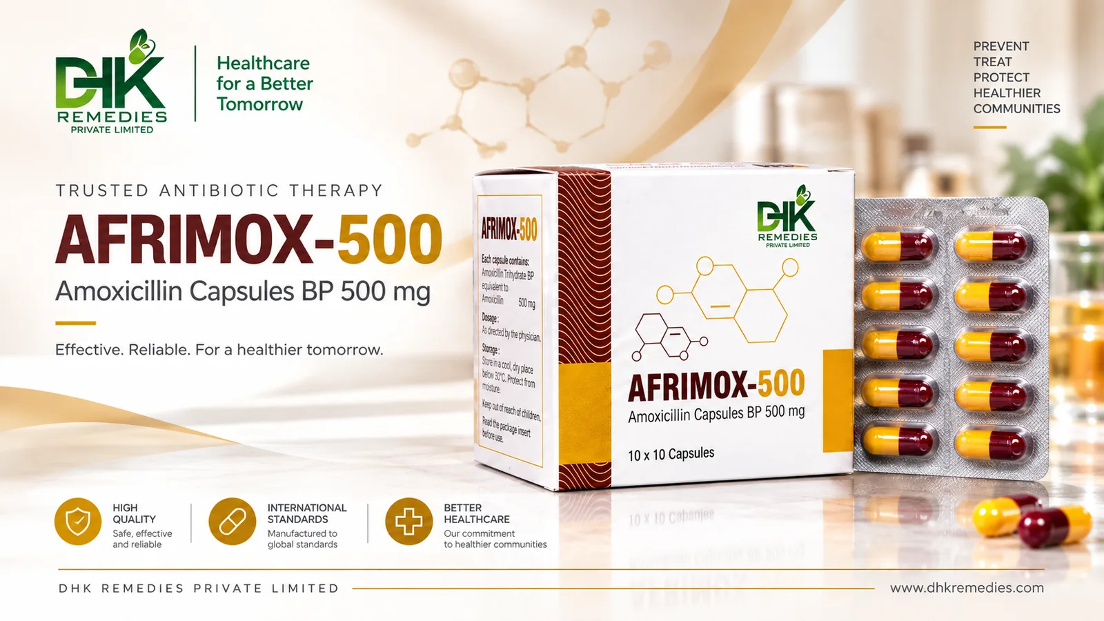 AFRIMOX-500 Amoxicillin Capsules BP 500 mg carton and blister by DHK Remedies