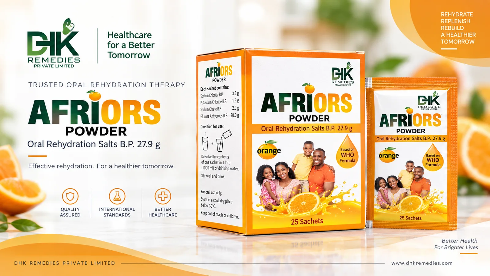 AFRIORS POWDER Oral Rehydration Salts BP 27.9 g orange flavour box of 25 sachets by DHK Remedies