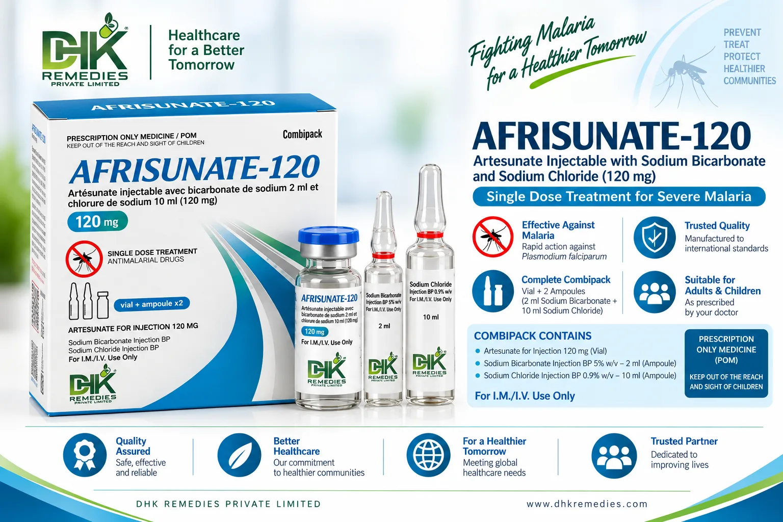 AFRISUNATE-120 Artesunate for Injection 120 mg combipack with sodium bicarbonate and sodium chloride ampoules by DHK Remedies