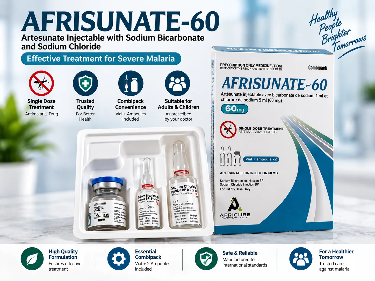 AFRISUNATE-60 Artesunate for Injection 60 mg combipack with vial and diluent ampoules by DHK Remedies