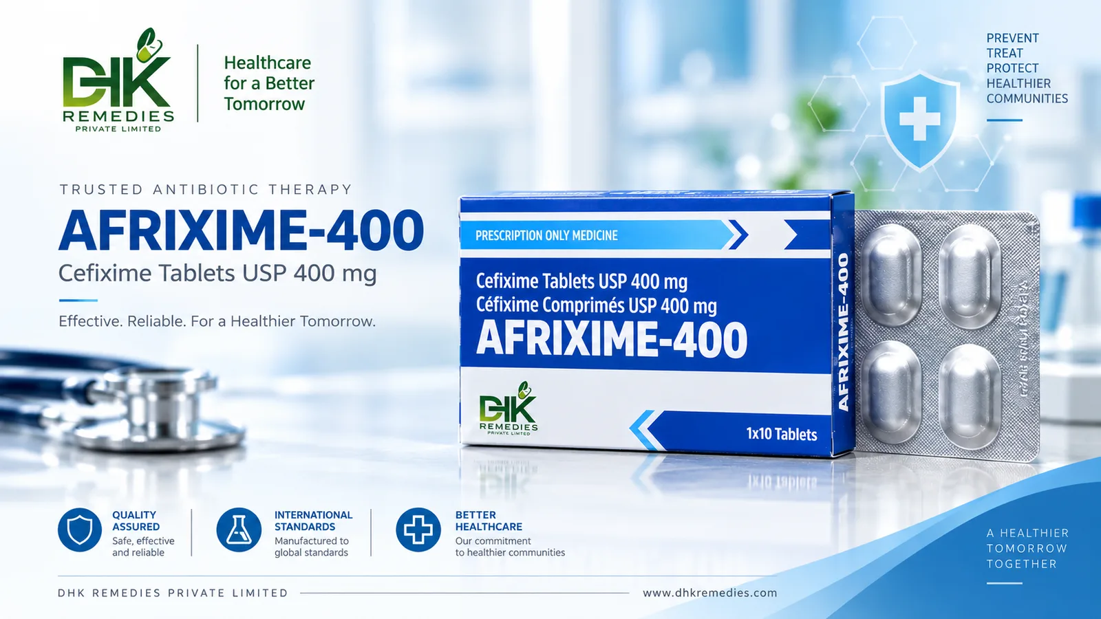 AFRIXIME-400 Cefixime Tablets USP 400 mg carton and Alu-Alu blister by DHK Remedies