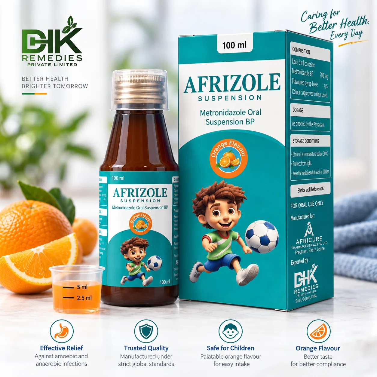 AFRIZOLE Metronidazole Oral Suspension 100 ml bottle and carton by DHK Remedies
