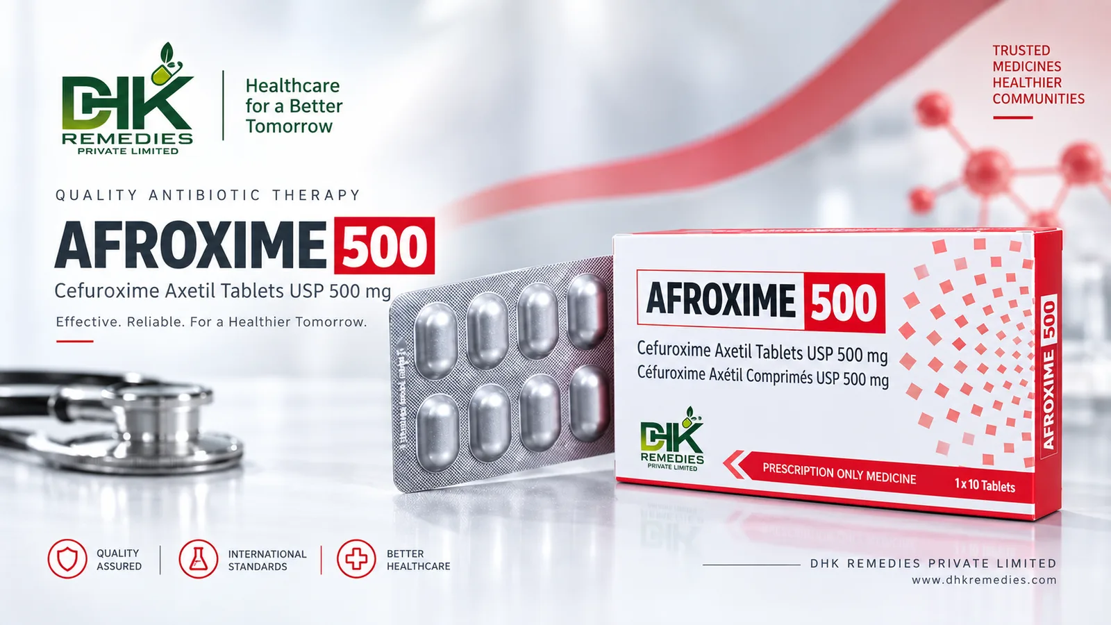 AFROXIME 500 Cefuroxime Axetil Tablets USP 500 mg carton and Alu-Alu blister by DHK Remedies