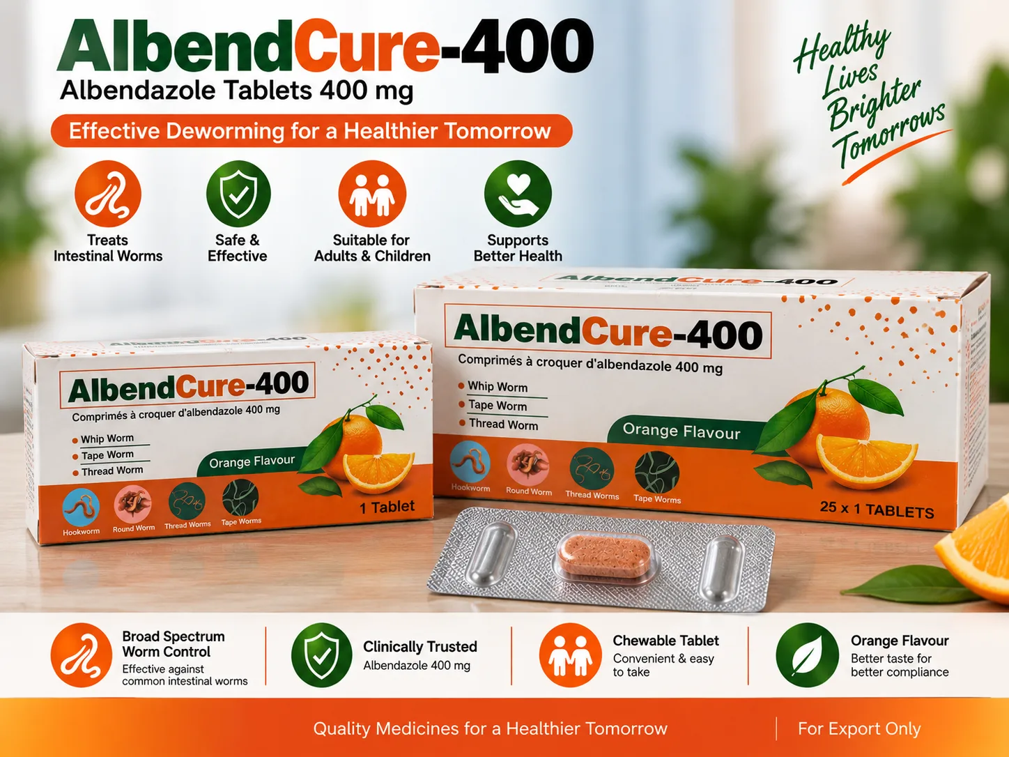 ALBENDCURE-400 Albendazole chewable tablets 400 mg single and 25-tablet cartons by DHK Remedies