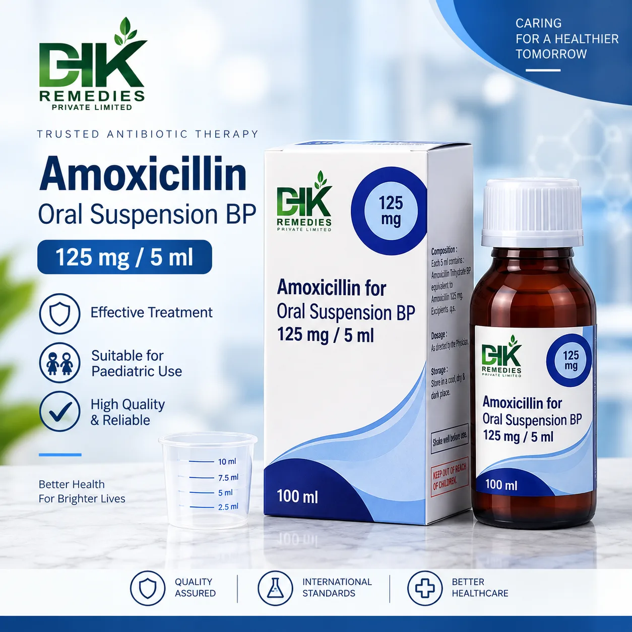 Amoxicillin for Oral Suspension BP 125 mg per 5 ml 100 ml bottle, carton and measuring cup by DHK Remedies