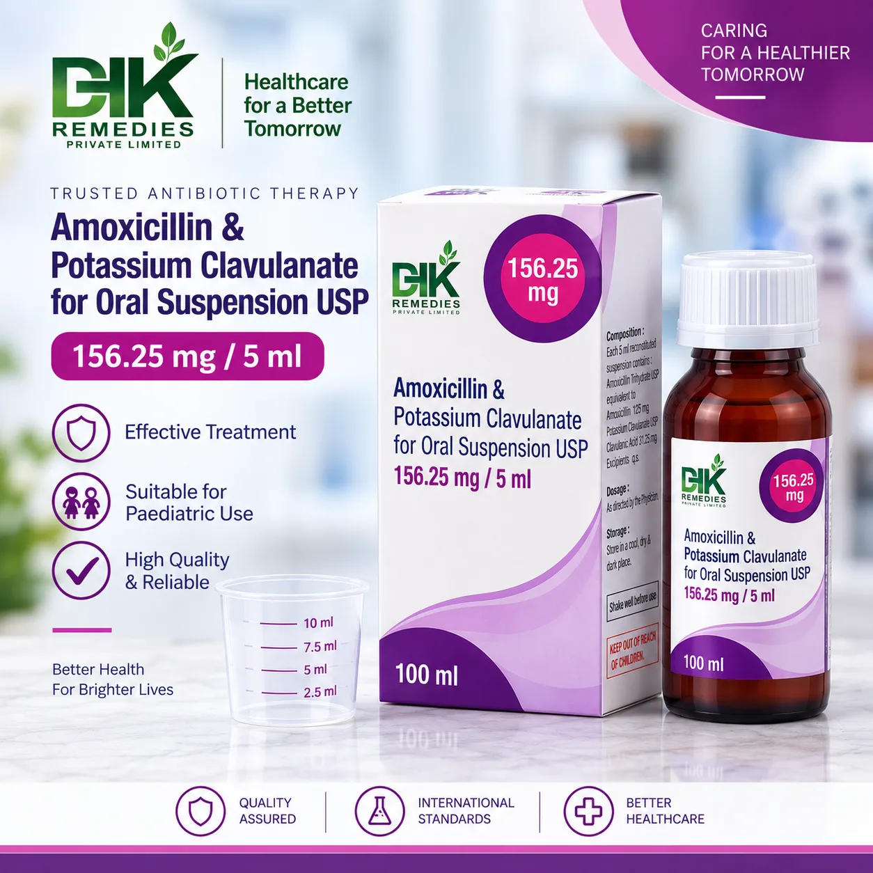 Amoxicillin and Potassium Clavulanate for Oral Suspension USP 156.25 mg per 5 ml 100 ml bottle, carton and measuring cup by DHK Remedies