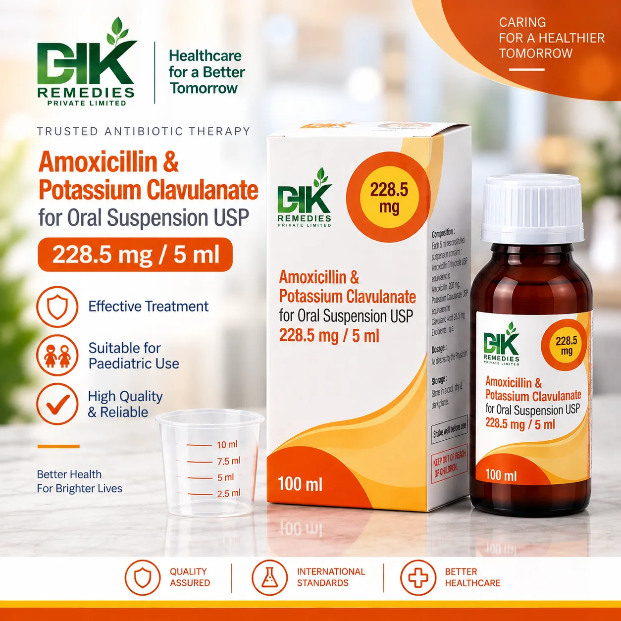 Amoxicillin and Potassium Clavulanate for Oral Suspension USP 228.5 mg per 5 ml 100 ml bottle, carton and measuring cup by DHK Remedies