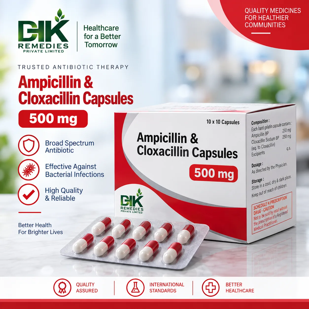 Ampicillin and Cloxacillin Capsules 500 mg carton with 10 x 10 blister pack by DHK Remedies