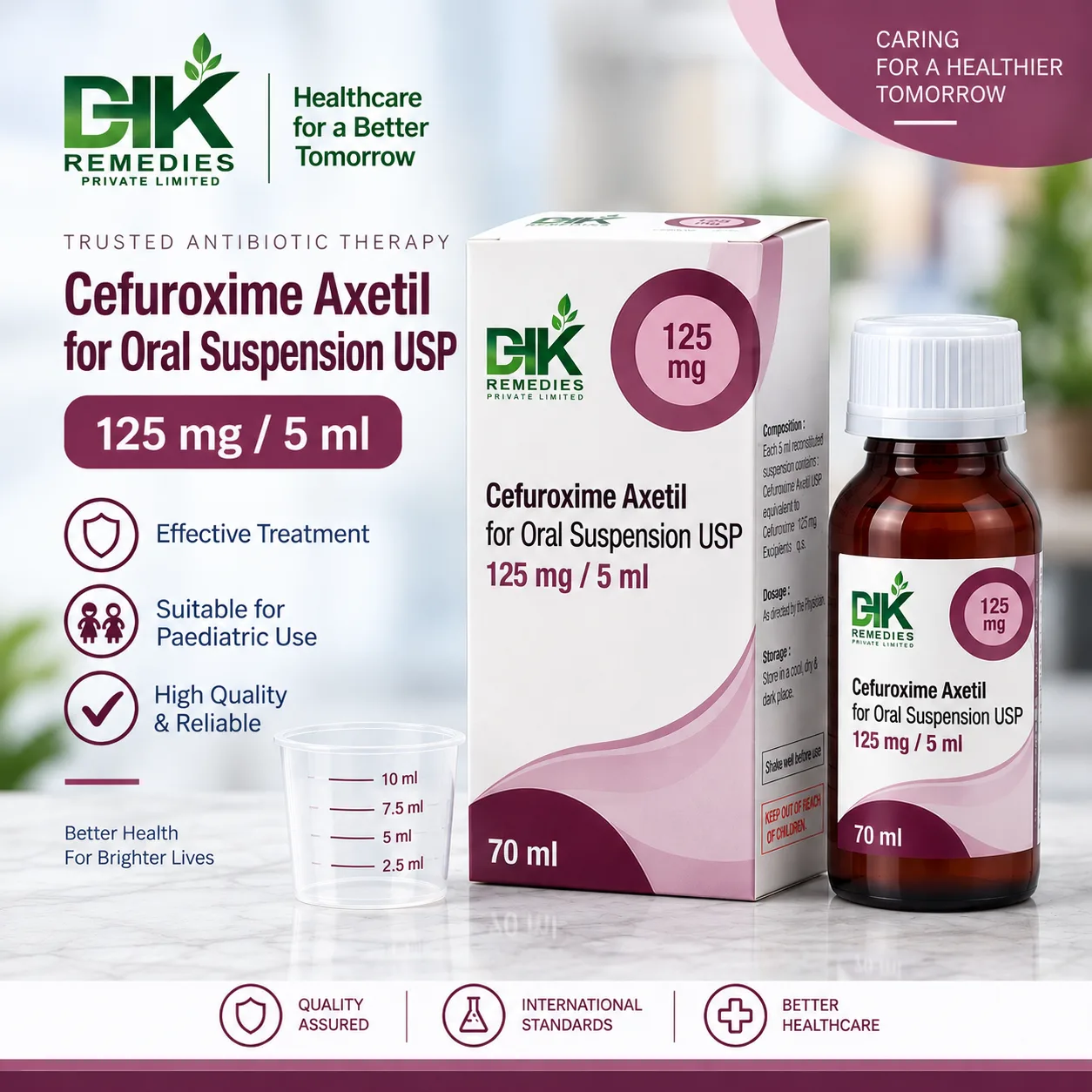 Cefuroxime Axetil for Oral Suspension USP 125 mg per 5 ml 70 ml bottle, carton and measuring cup by DHK Remedies