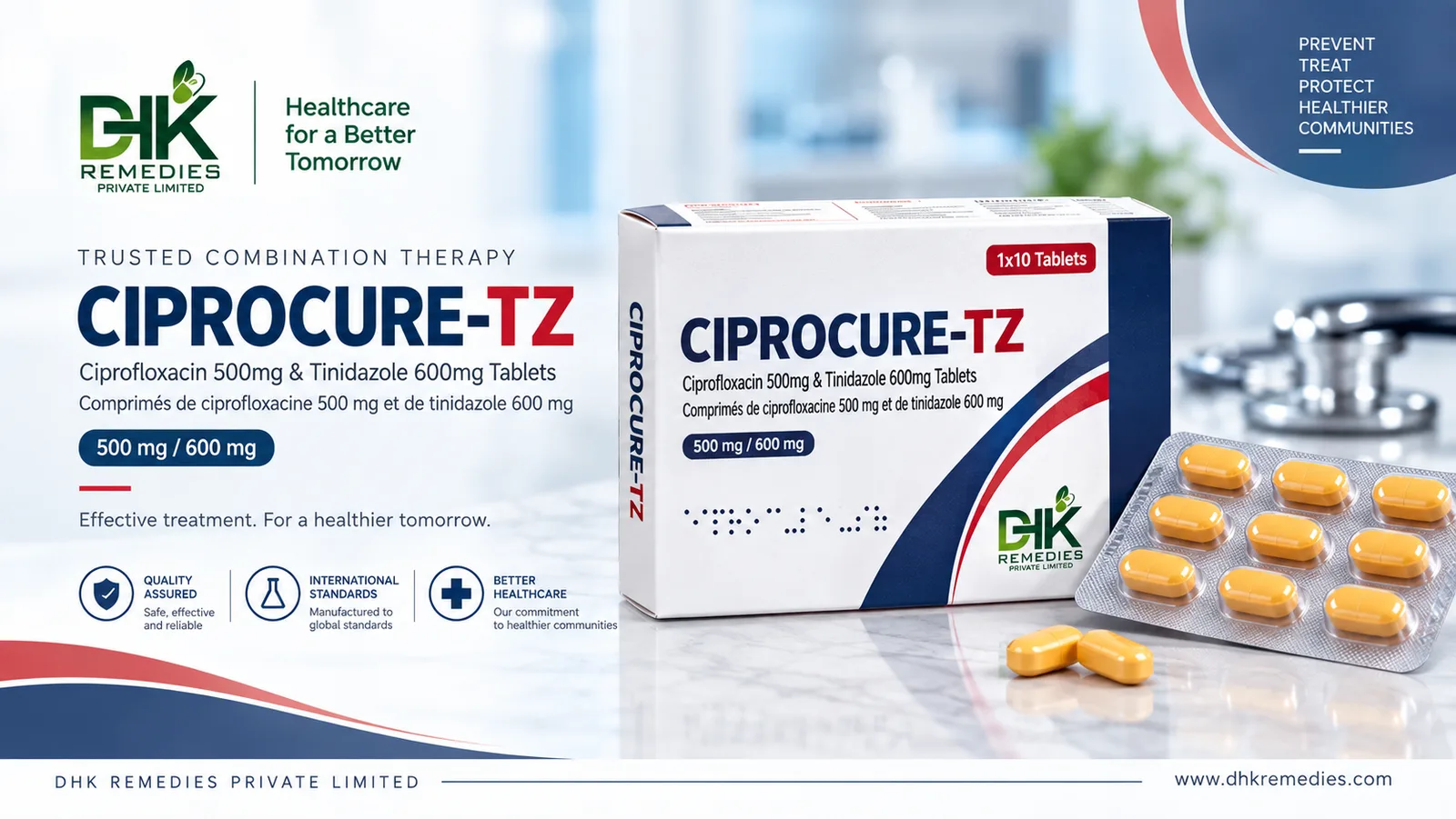CIPROCURE-TZ Ciprofloxacin 500 mg and Tinidazole 600 mg tablets carton with 10-tablet blister by DHK Remedies