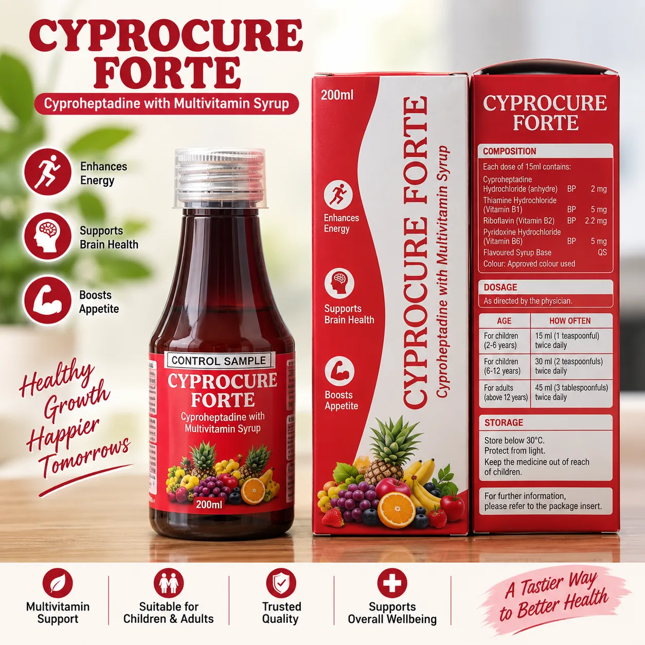 CYPROCURE FORTE Cyproheptadine with Multivitamin Syrup 200 ml bottle and carton by DHK Remedies