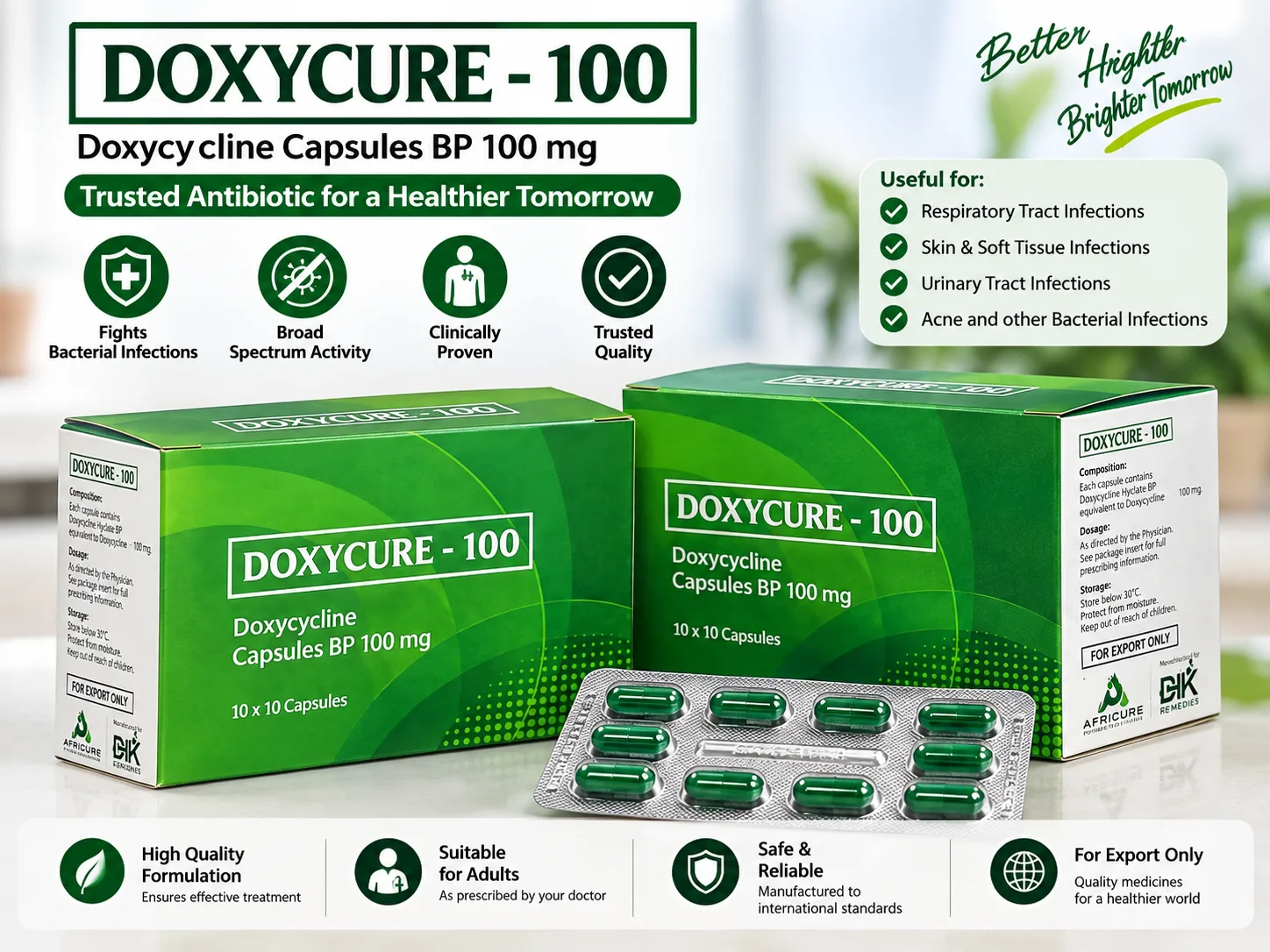 DOXYCURE-100 Doxycycline Capsules BP 100 mg cartons and blister by DHK Remedies