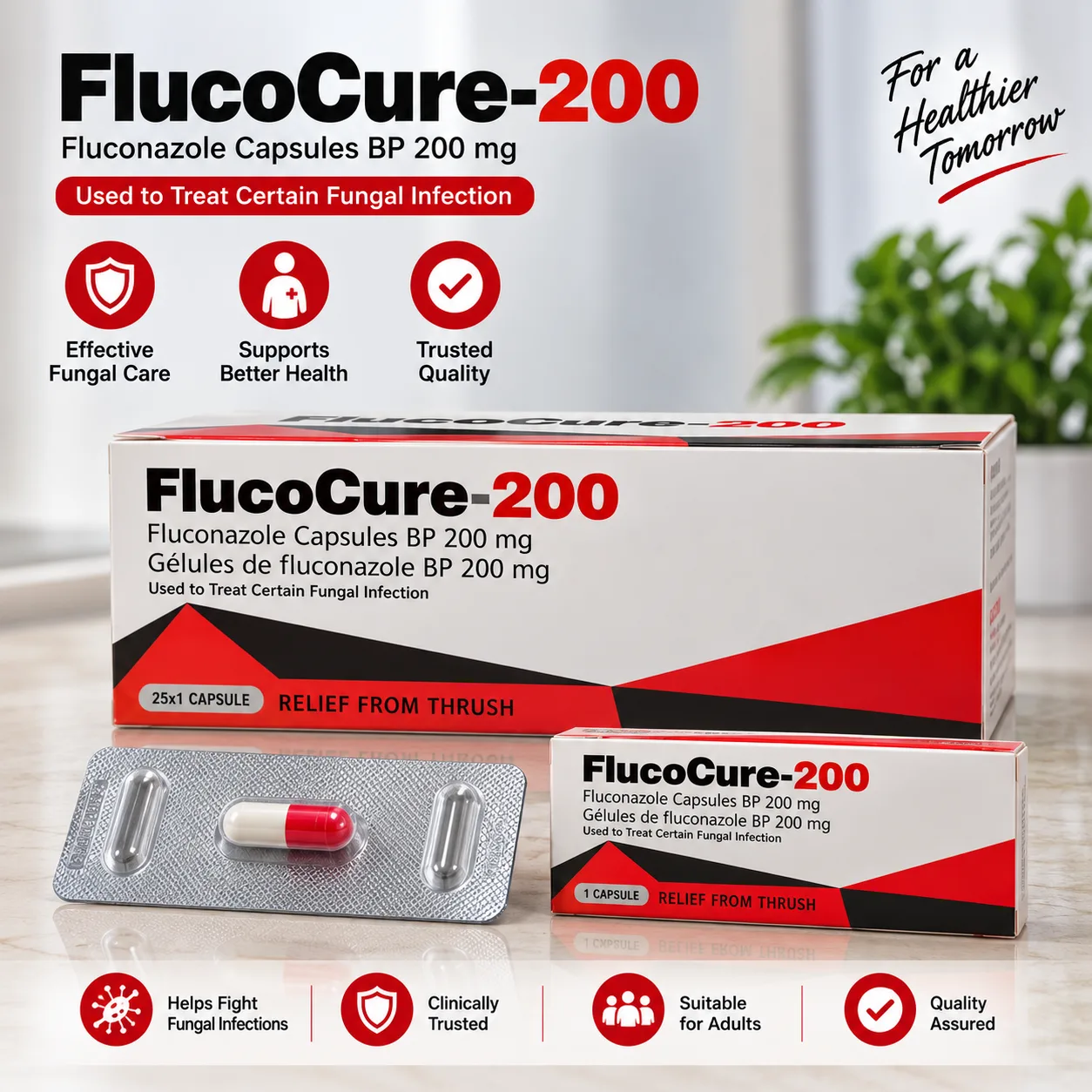FLUCOCURE-200 Fluconazole Capsules BP 200 mg cartons and blister by DHK Remedies