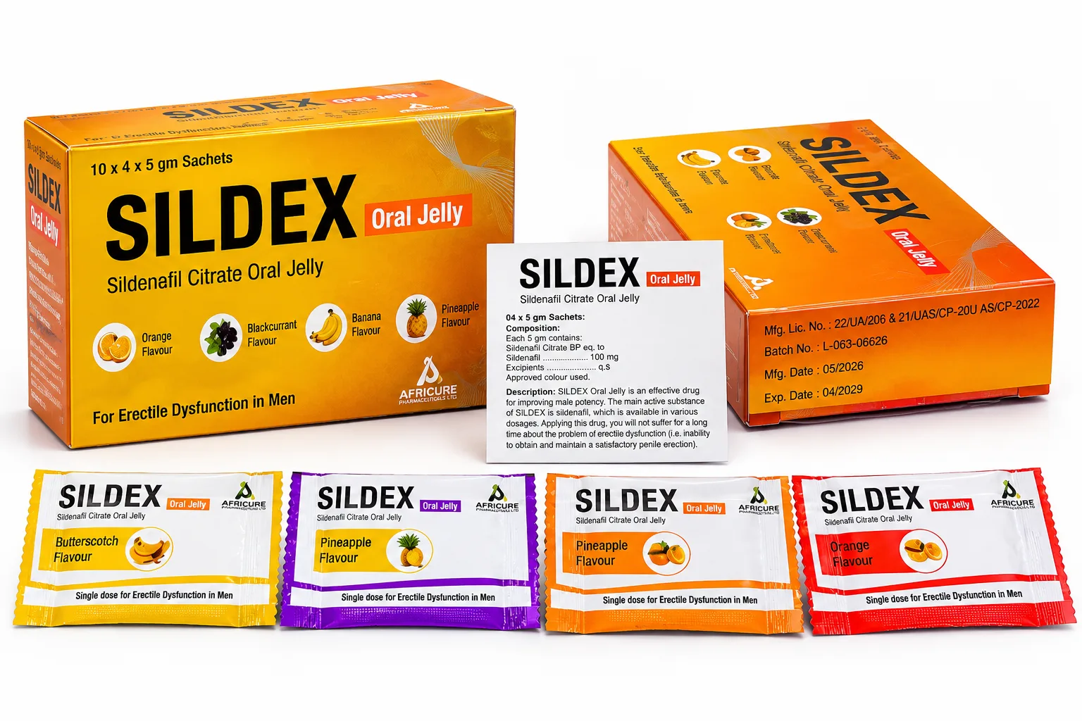 SILDEX Sildenafil Citrate Oral Jelly cartons and flavoured 5 g sachets