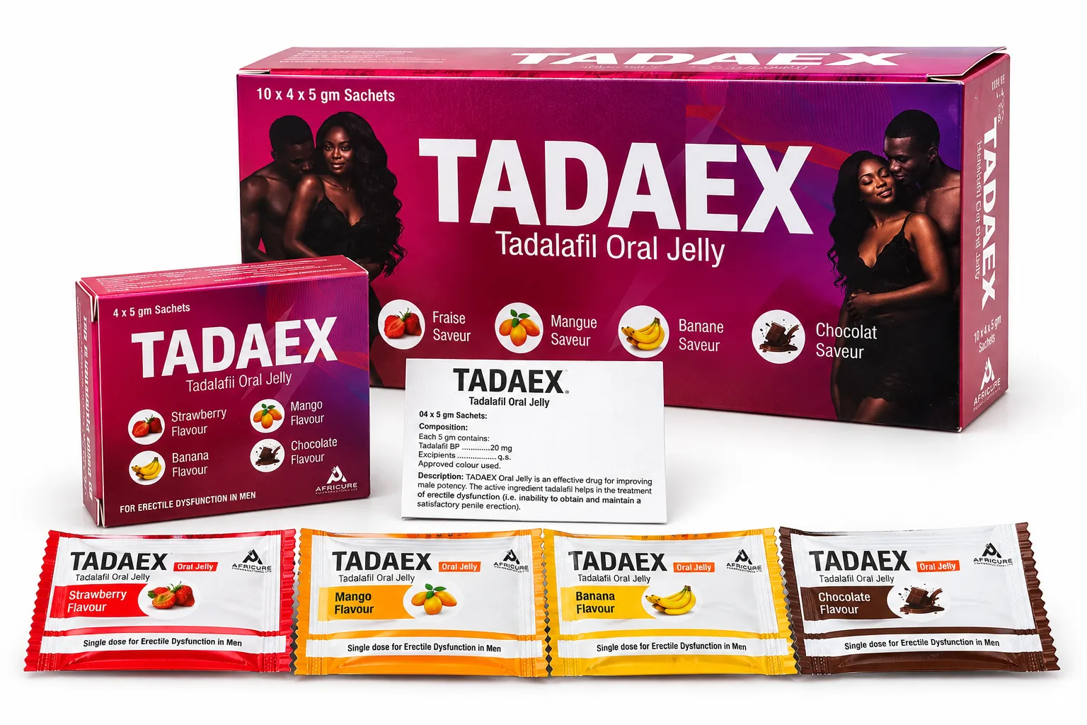 TADAEX Tadalafil Oral Jelly cartons and flavoured 5 g sachets