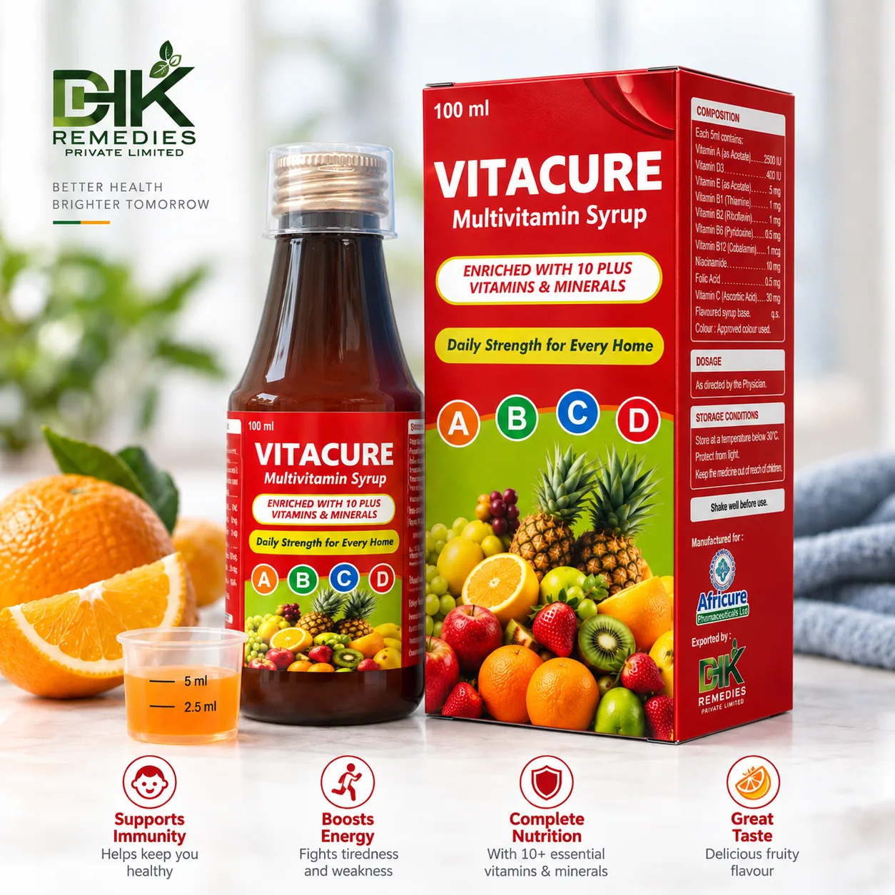 VITACURE Multivitamin Syrup 100 ml bottle and carton by DHK Remedies